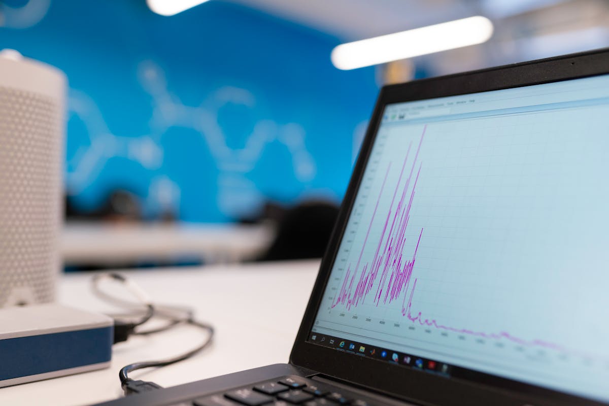Laptop screen showing an analytics graph in an office